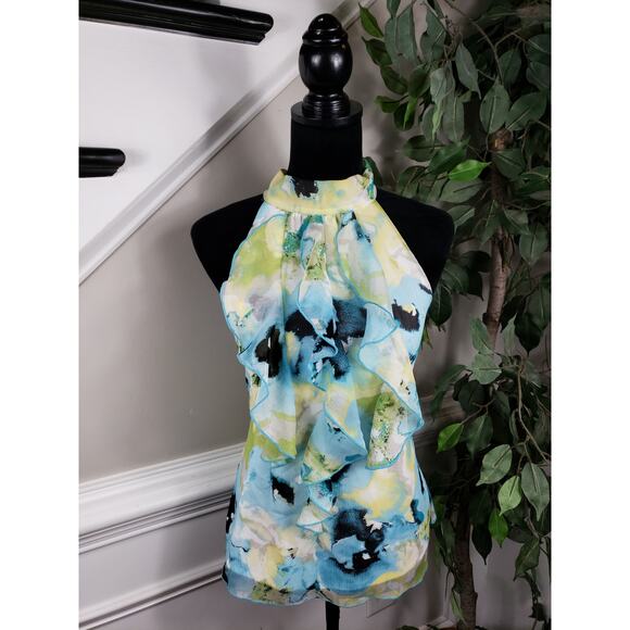 BCX Tank Top Women's Small Halter Neck Sleeveless Beautiful Ruffle Watercolor - Picture 1 of 10